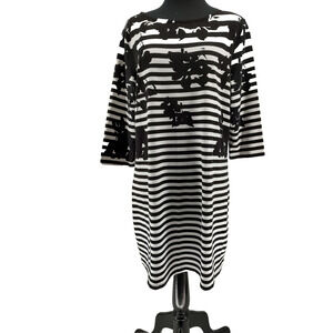 Liz Claiborne Woman Petite Black White Stripe Floral Shirt Dress Size LP Stretch